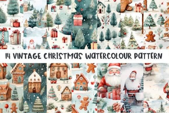 14 Vintage Christmas Watercolour Seamles for Festive Design