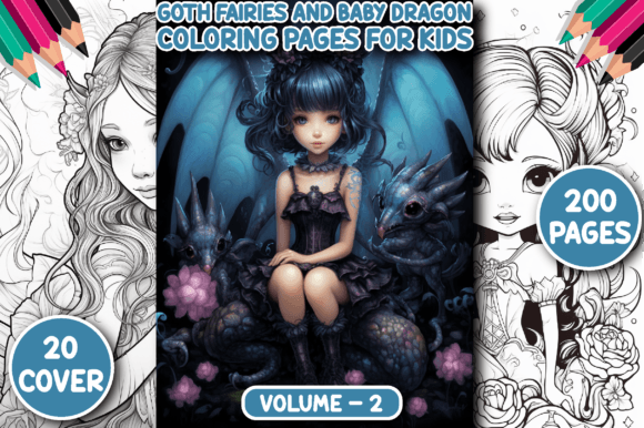 200 Goth Fairies Baby Dragon Color Page: Dark Fantasy Awaits