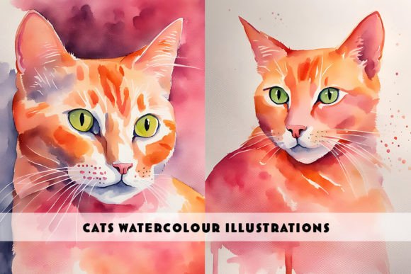 Pink and Orange Cat Watercolour Duo: A Playful Design Asset
