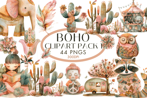 Watercolour Boho Clipart: 44 PNGs for Creative Projects